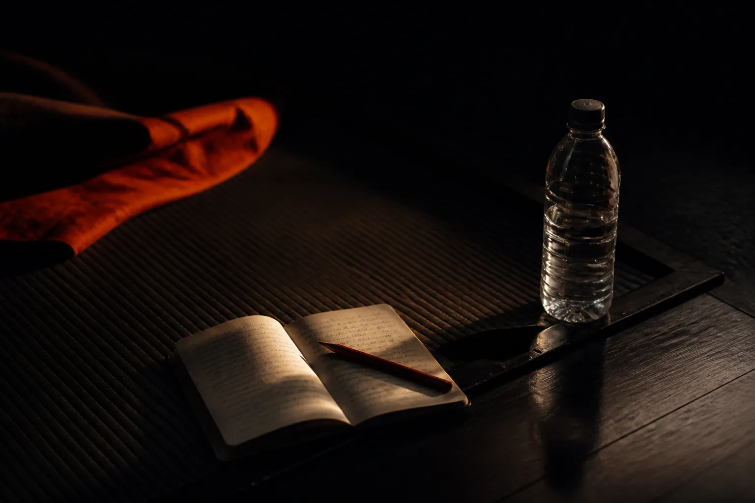 Un carnet ouvert et un crayon posés au bord d'un tatami, près d'une bouteille d'eau.