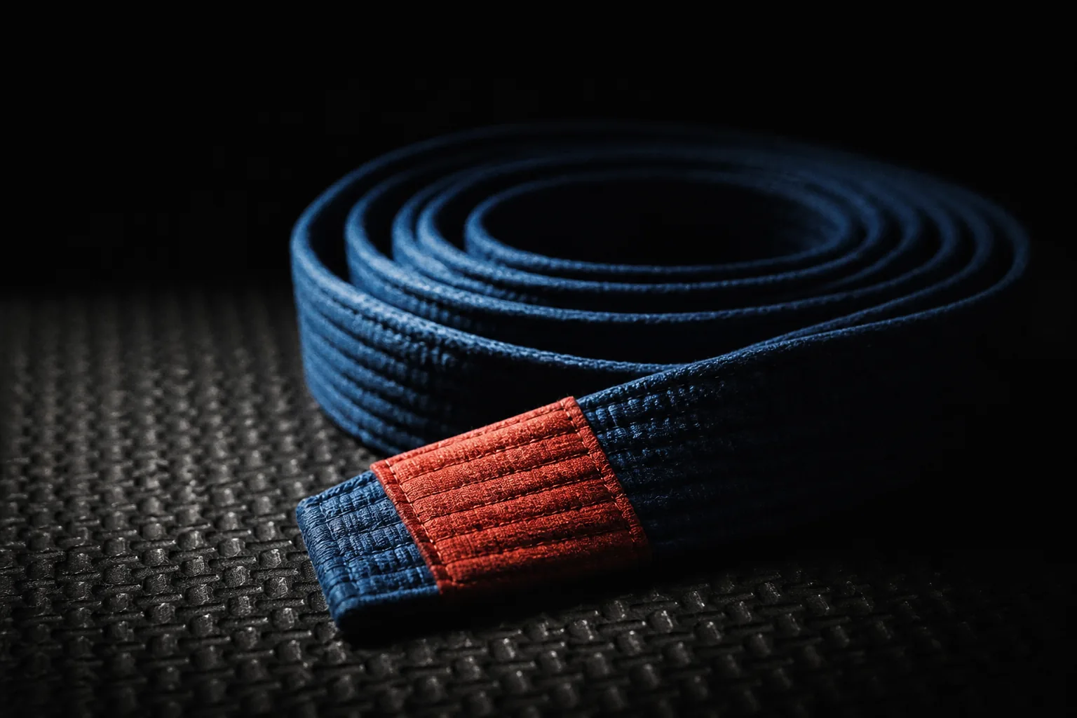 Une ceinture bleue de jiu-jitsu enroulée sur elle-même, posée sur un tatami noir.