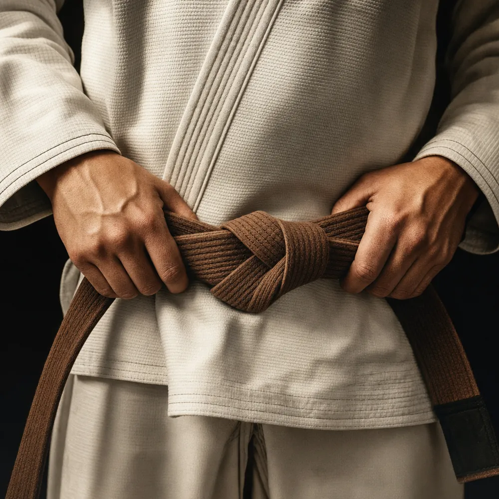 Gros plan de mains nouant une ceinture marron sur un kimono blanc.