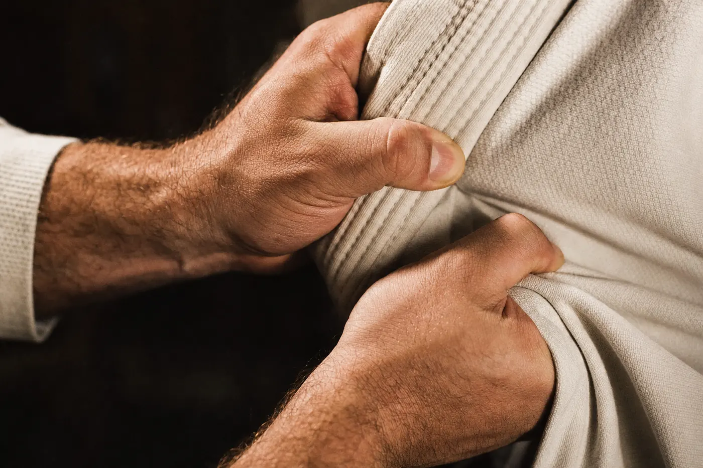 Gros plan de deux mains saisissant le revers d'un kimono.