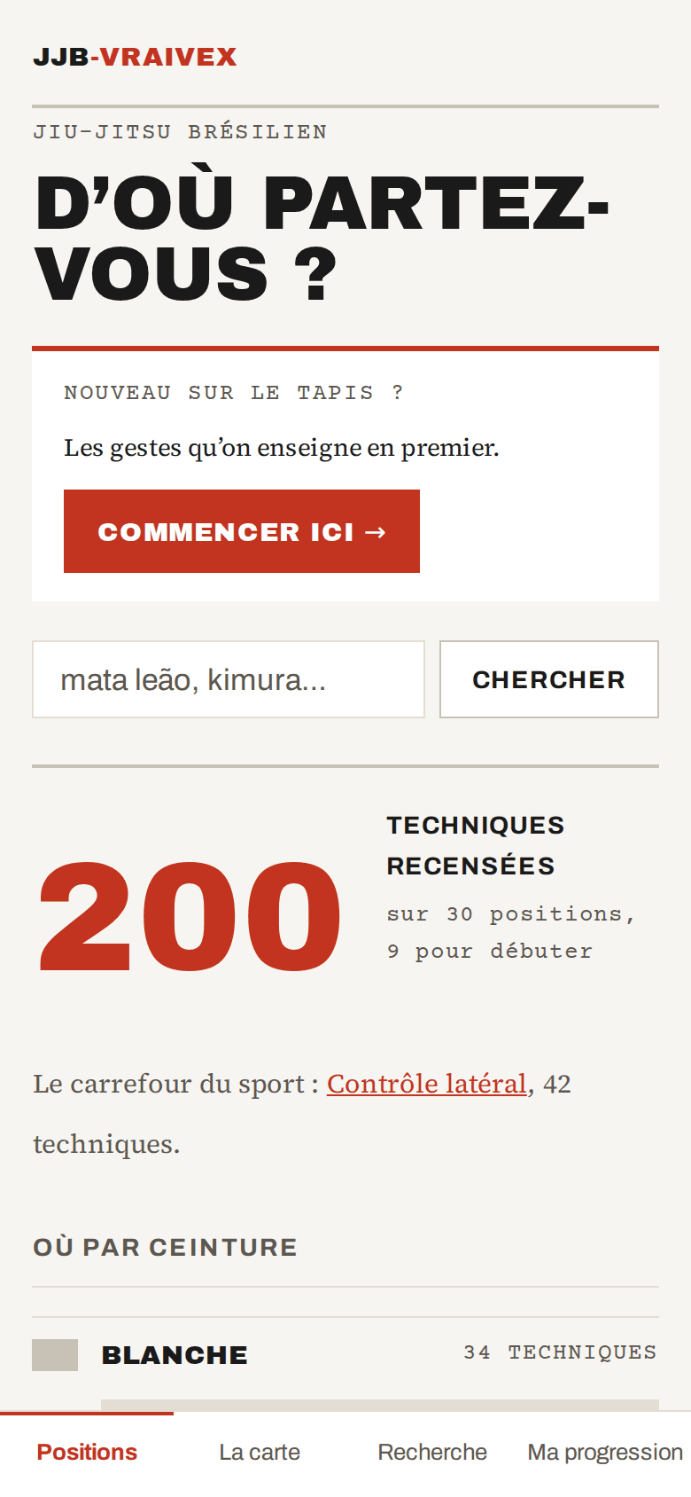L'accueil de l'application : le titre « D'où partez-vous ? », un bouton pour débuter, la recherche, le compteur de 200 techniques et le tableau des ceintures.