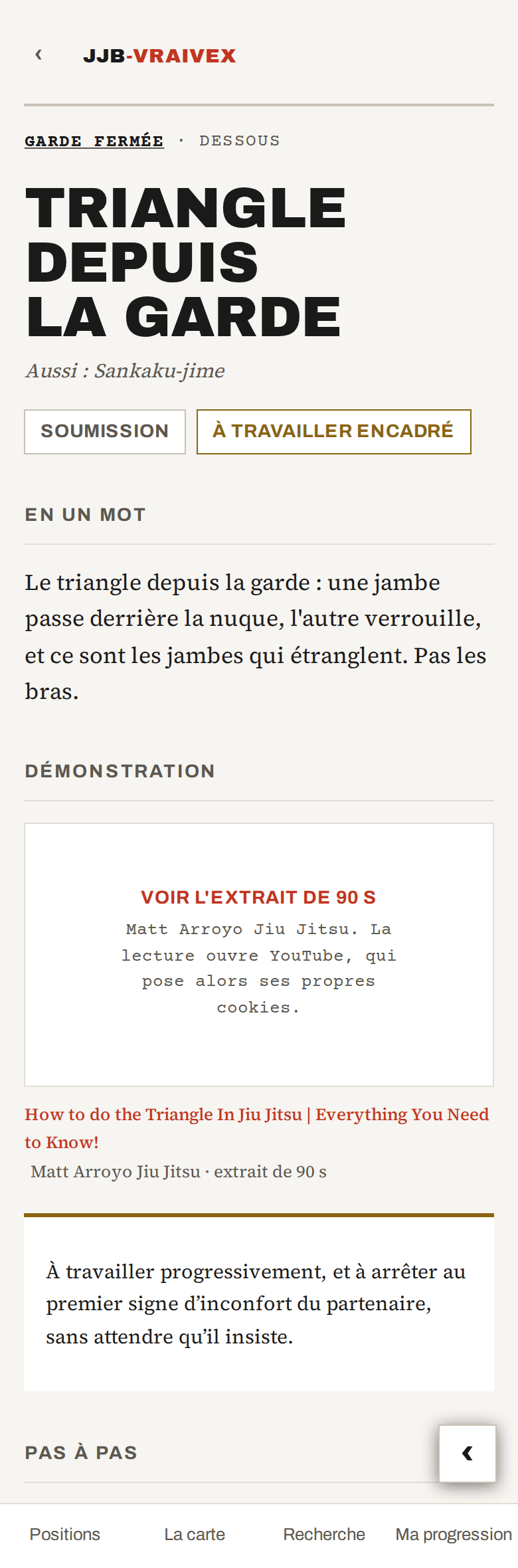 La fiche du triangle depuis la garde : résumé, extrait vidéo, avertissement, pas à pas numéroté.