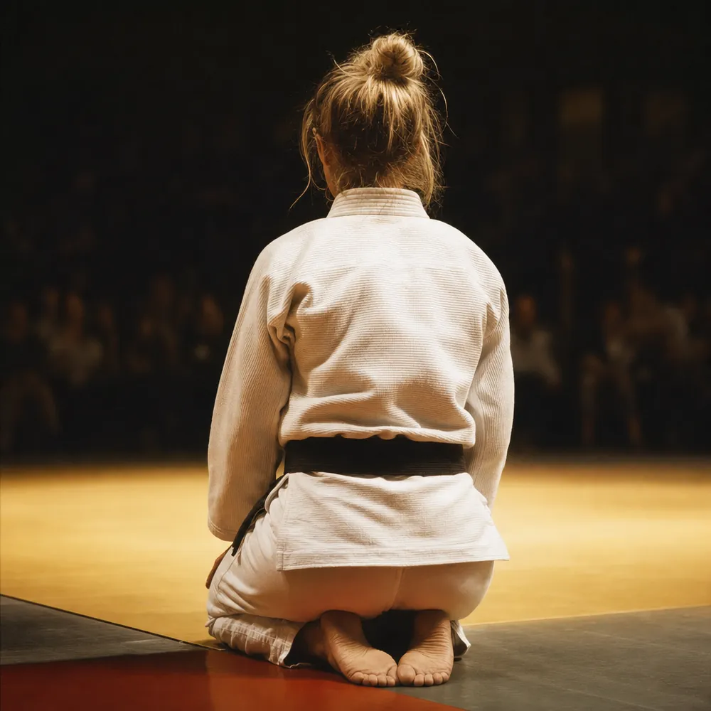 Un pratiquant agenouillé en seiza, vu de dos, sur le tatami.